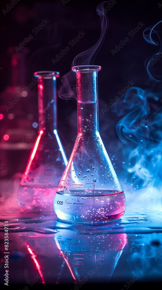 Two Erlenmeyer flasks with colorful liquid and smoke in a lab. Two Erlenmeyer flasks with colorful liquid and smoke in a lab.