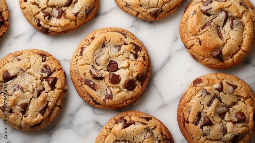 Close-up of warm chocolate chip cookies, detailed textures, arranged on a cool marble countertop Close-up of warm chocolate chip cookies, detailed textures, arranged on a cool marble countertop
