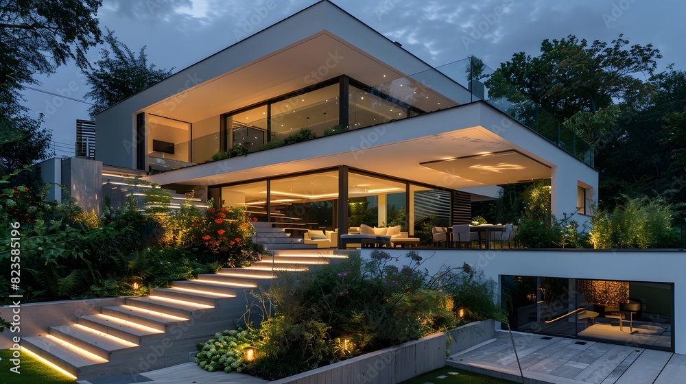 Fototapeta premium Modern villa with garden and illuminated steps at night, showcasing the lighting effect of LED lights on plants in flower beds around the house. 