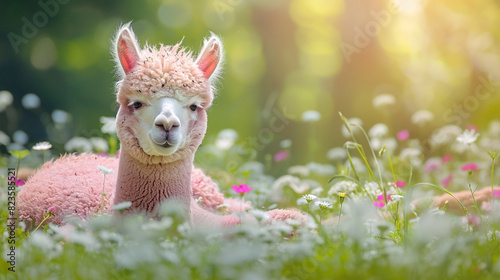 Cute pink alpaca on green lawn with flowers. Copy space. 