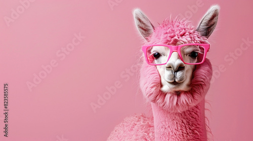 Pink alpaca in sunglasses on pink background. Copy space. 