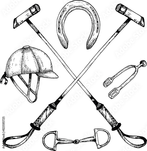 graphic vector illustration of a logo with horse polo stick, helmet, horseshoe, snaffle or bit, spur. Isolated. For cards, prints, decor