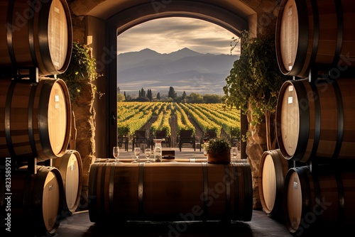 Picturesque vineyard landscape seen through the doorway of a rustic wine cellar with barrels © juliars