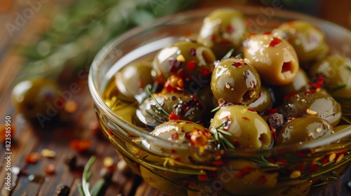 Close-up of spicy olives in a glass bowl  glistening with oil and spices  on a rustic wooden stone table  intricate textures