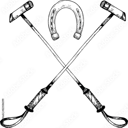 graphic vector illustration of a logo with horse polo stick,horseshoe. Isolated. For cards, prints, decor