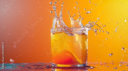 Close-up of punch squash with a gradient color effect pouring into a glass, high-speed capture of splash, isolated background, studio lighting