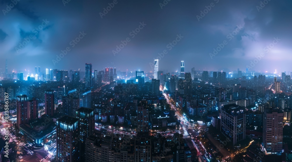 A panoramic view of the city skyline at night, illuminated by modern skyscrapers and streets filled with cars A panoramic view of the city skyline at night, illuminated by modern skyscrapers and streets filled with cars