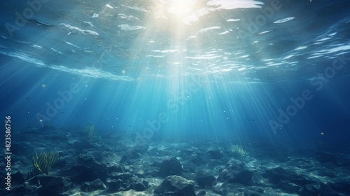 Calm underwater scene with sun rays reaching the seabed. Peaceful ocean background.