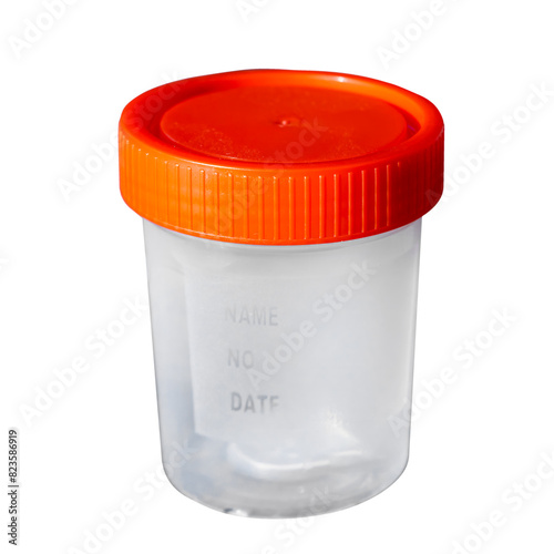 Empty disposable plastic container for tests isolate on a white background close-up.