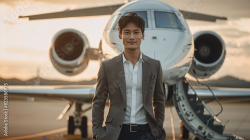Asian businessman on private jet