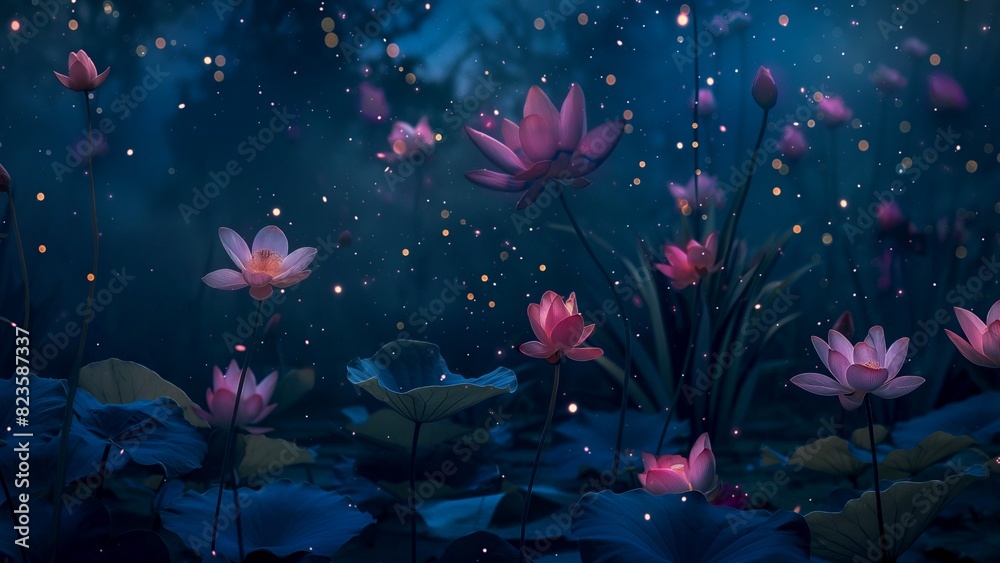 The lotus in the pond with glowing light at night.