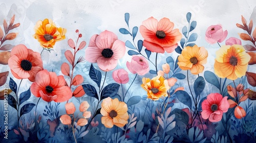 The image is a watercolor painting of a meadow full of colorful flowers photo