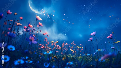 Wildflower garden under the moonlight at night photo