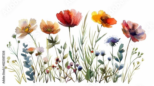 The image is a watercolor painting of a meadow full of colorful wildflowers