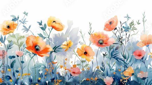 The image is a watercolor painting of a meadow with orange and pink flowers