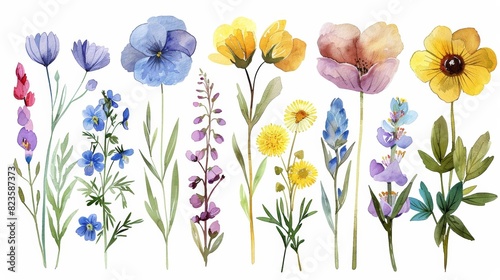 The image is a watercolor painting of a variety of flowers photo