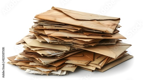 Pile of various envelopes isolated on white background with clipping path, A large stack or pile of letters and envelope.
 photo