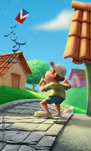boy flying a kite on a street with a 80s look, cobbled streets and simple houses amidst some trees