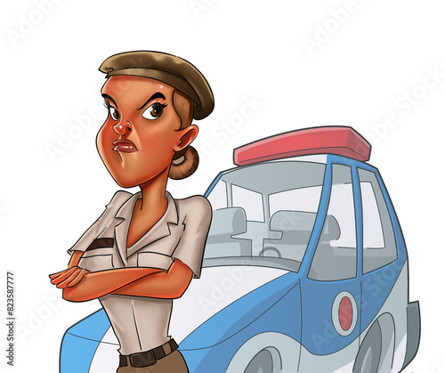 female police officer looking very upset in front of her work car