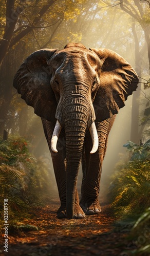 Close-up of a majestic elephant walking along a sunlit forest path surrounded by lush greenery and ferns photo