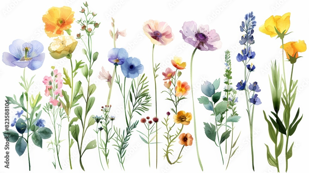 The image is a watercolor painting of a variety of wildflowers