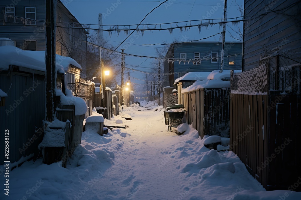 Fototapeta premium An alleyway covered with snow at dusk, illuminated by warm streetlights