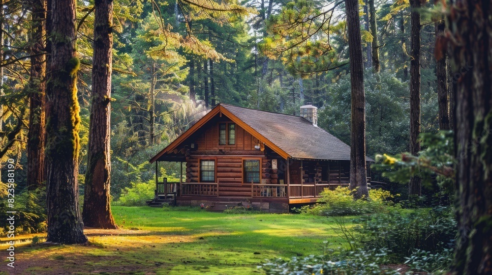 A rustic log cabin nestled in the woods, surrounded by towering pine trees.