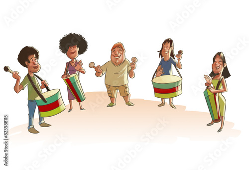 percussionists of various ethnicities playing in a circle