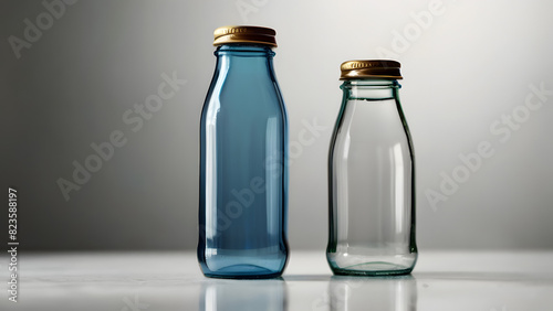 Two water bottles made of blue glass and clear glass stand on a white neutral background with a mirror surface