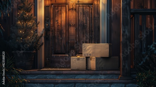 Wallpaper Mural Stack of cardboard delivery boxes on a doormat by a dark wooden door. Torontodigital.ca