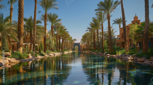 A beautiful  serene scene of a river with palm trees lining the banks