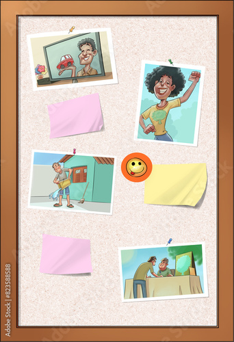 cork board with photos and sticky notes