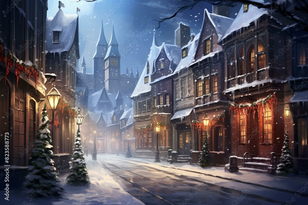 Magical digital art scene of a quaint town adorned with festive decorations and a fresh snowfall