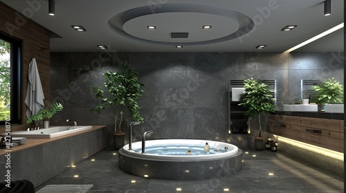 contemporary bathroom with a circular freestanding tub, slate grey walls, and a suspended ceiling with recessed lighting