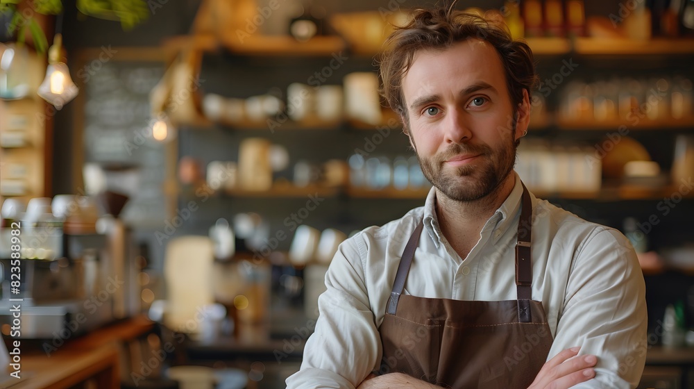 A handsome American barista wearing an apron standing with his arms crossed at a coffee shop, in the style of a small business owner and entrepreneur concept.
A handsome American barista wearing an apron standing with his arms crossed at a coffee shop, in the style of a small business owner and entrepreneur concept.