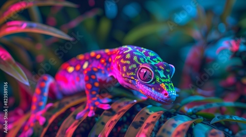 an eagle gecko with neon-bright stripes and spots in shades of neon pink  green  and orange 