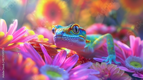 an eagle gecko with petals of every color of the rainbow  resembling a beautiful flower garden
