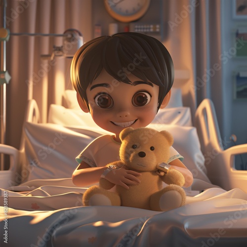 Adorable 3D Child Patient Comforted by Teddy Bear in Hospital Bed - Medical Care and Emotional Support Concept