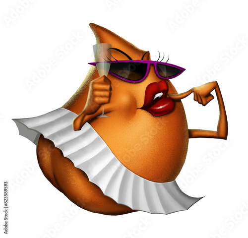 A very sensual coxinha (Brazilian snack) in a white skirt with a glass of sparkling wine in her hand posing