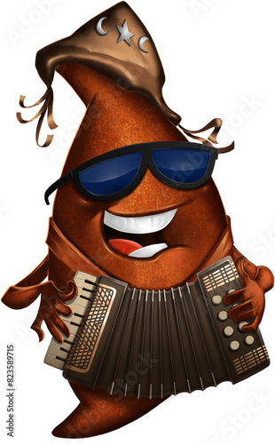 a character based on a Brazilian kibe playing the accordion with a cangaceiro hat