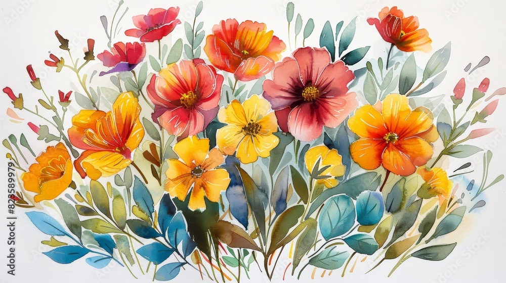 The image shows a watercolor painting of a bouquet of colorful flowers The image shows a watercolor painting of a bouquet of colorful flowers