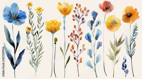 The image shows a variety of flowers painted in a watercolor style