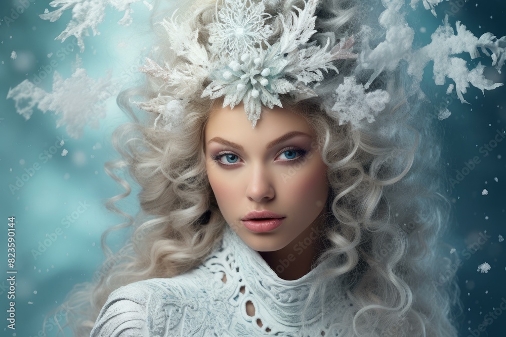 Fototapeta premium Stunning female model with icy makeup and snowflake headpiece in a wintry-themed setting