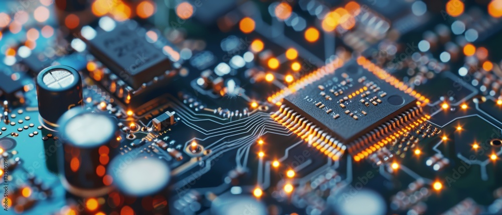 Fototapeta premium Microchip with glowing effect on a sophisticated electronic board