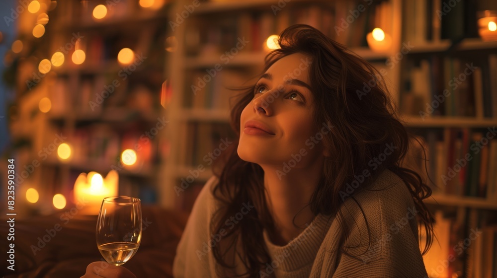 Woman Relaxing with Wine in Cozy Candlelit Library Woman Relaxing with Wine in Cozy Candlelit Library