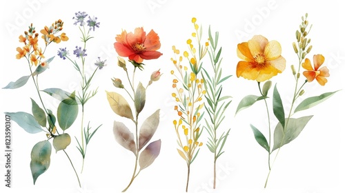 The image shows a watercolor painting of various flowers and leaves © Rungrudee