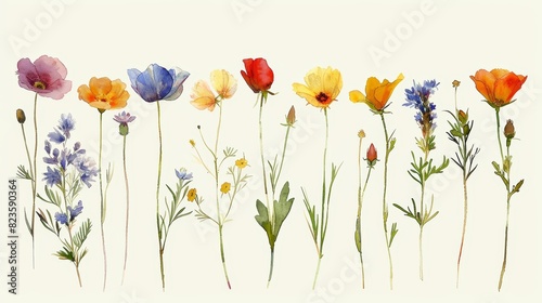 The image shows watercolor drawing of various wildflowers  including poppies  cornflowers  and daisies. The flowers are arranged in a row on a white background.