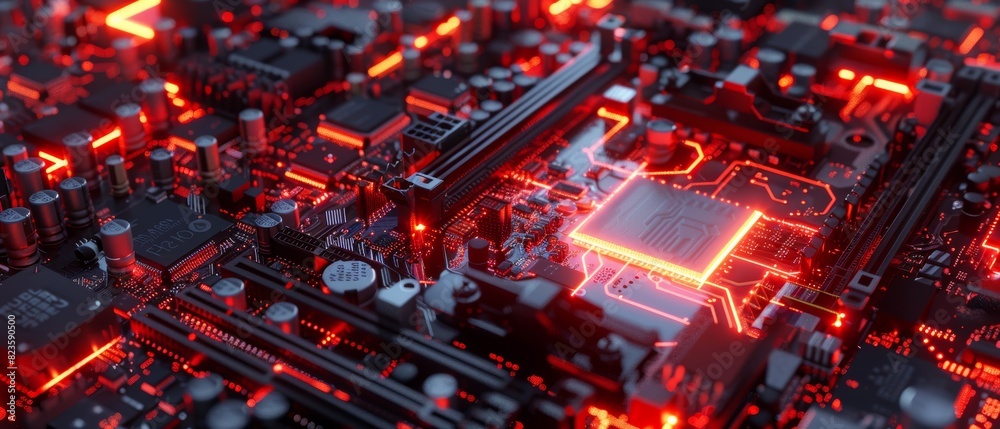 Integrated circuit with a glowing effect on a detailed motherboard