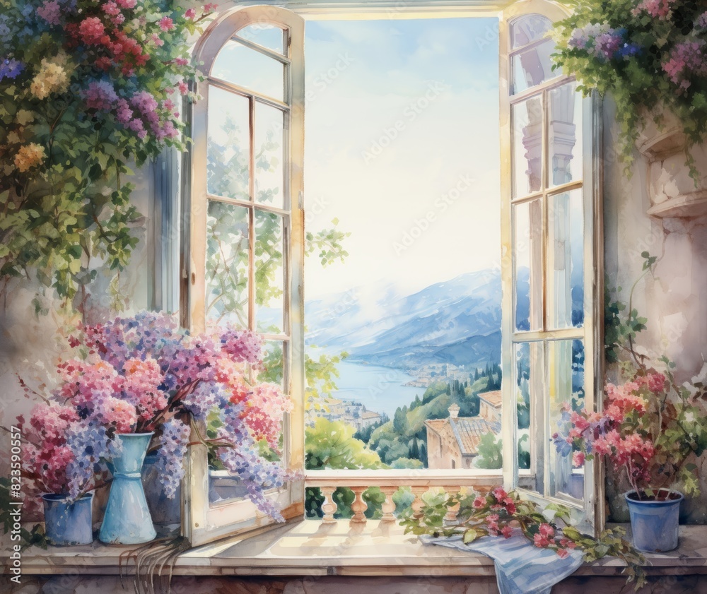 Italian window and balcony facade with flowers front view watercolor painting Italian window and balcony facade with flowers front view watercolor painting