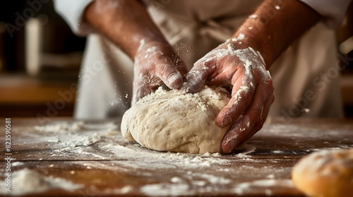 A baker's hands kneading dough on a black wooden table. Homemade rustic organic bread. Homemade baking photo